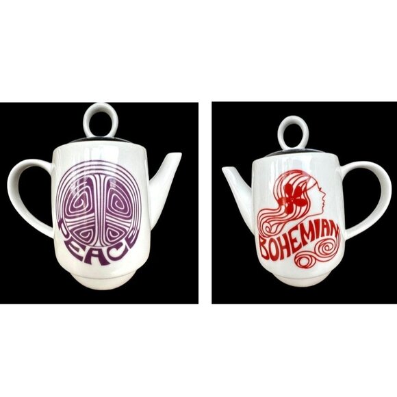 Tea for One Tea Pot Cup Set Stackable Bohemian Harmony Peace Gift Hippie Boxed - Picture 5 of 12